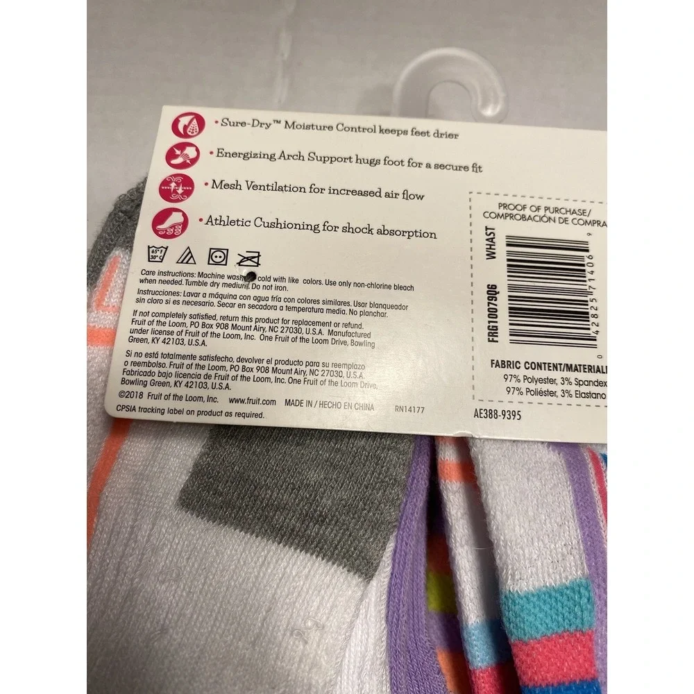 fruit of the loom girls active ankle socks‎ 6 pairs size large shoe 4-10